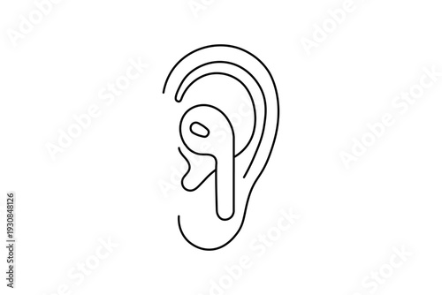 An illustration depicts a human ear silhouette incorporating a wireless earbud within its inner structure high quality professional detailed modern elegant