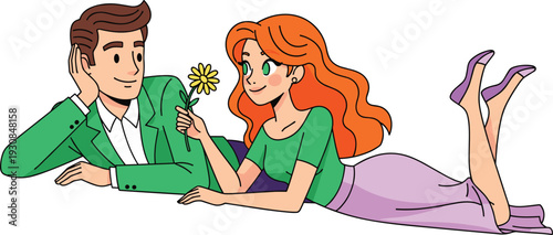 Young romantic couple lying down together and sharing a yellow flower, cad drawing flat vector illustration