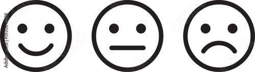 Three black and white smiley face showing happy neutral and sad expressions also transparent background