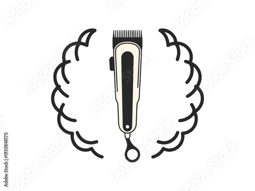 Black and White Hair Clipper Illustration with Braided Laurel Wreath on White Background