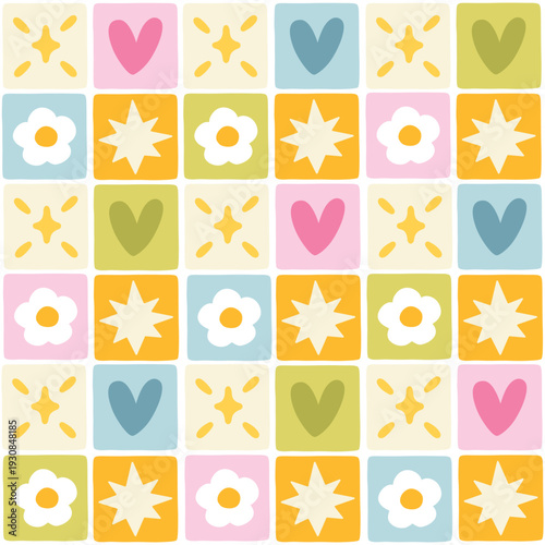 Patchwork seamless pattern with cute flowers hearts and stars in naive hand-drawn style. Groovy aesthetic background for kids textile stationery and digital paper. Colorful minimalist doodle