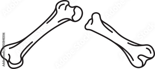 Two black outline cartoon bones one broken in half on a white background also transparent background