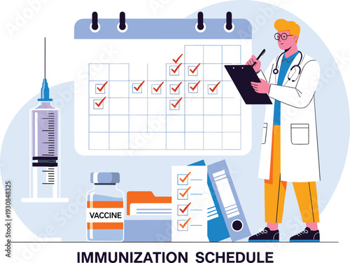 Doctor marking immunization schedule on calendar with vaccine syringe and medical records, flat vector illustration