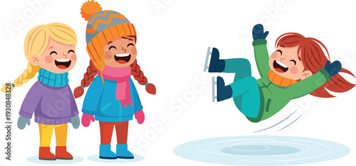 Happy children laughing at girl falling on ice while ice skating outdoors, cad drawing flat vector illustration