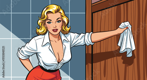 Beautiful blonde woman in vintage style cleaning wooden surface with white cloth, mid-century retro domestic chore illustration