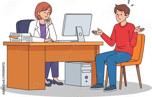 Young man discussing symptoms with female doctor in office, medical consultation and healthcare advice for youth vector illustration