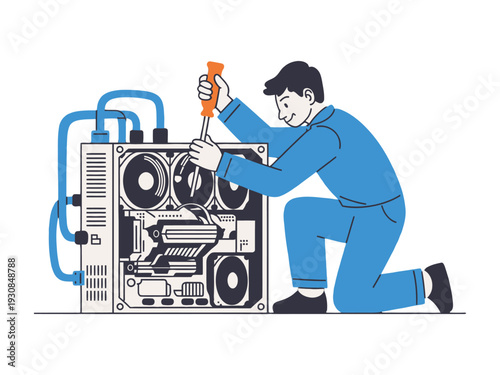 Man repairing computer hardware with screwdriver and blue overalls kneeling beside equipment