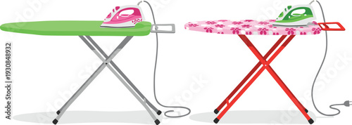 Set of modern electric steam irons on ironing boards with colorful covers, household laundry equipment and domestic chores vector illustration