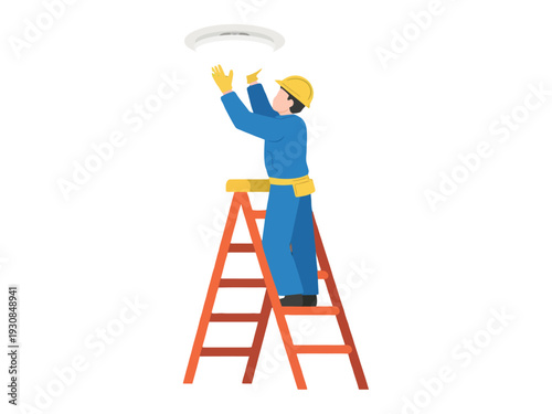 Worker installing smoke detector on ladder, wearing safety gear and uniform