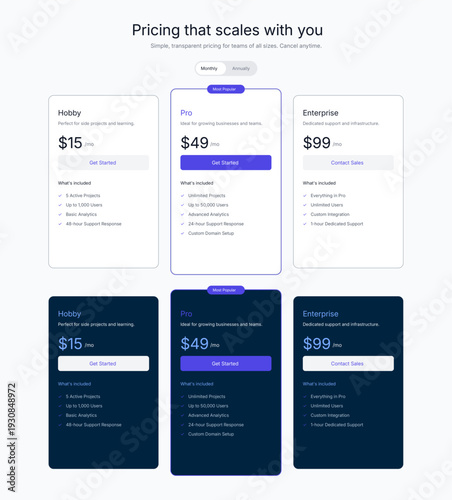 "A clean, professional UI design showcasing dual-mode pricing tables in light and dark themes. The visual mood is modern, highly organized, and trustworthy, utilizing a systematic card layout with 