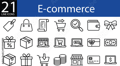 E-commerce line icon set in minimalist style, shopping carts, payments, deliveries, discounts, and gifts