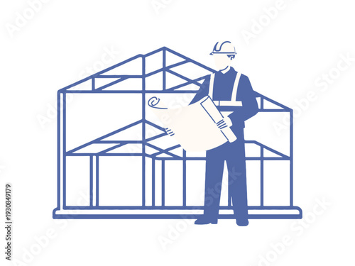 Construction worker with house blueprints standing in front of a building frame structure