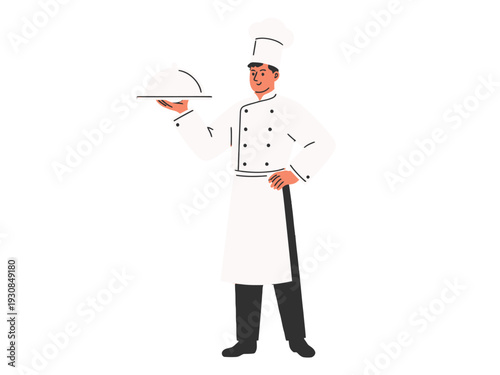 Chef Holding Serving Dish with Lid, Cartoon Illustration of Male Cook in Uniform