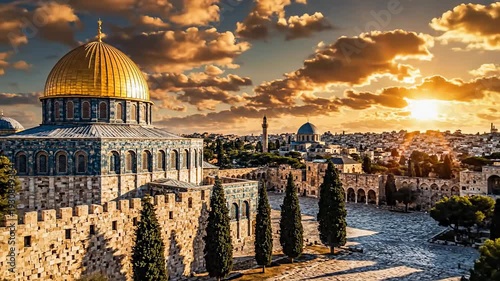 Golden Dome of the Rock Temple Mount Jerusalem Islamic Architecture Landmark at Sunset