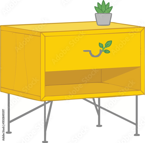Minimalist flat vector illustration of a yellow modern nightstand with gray legs and a green leaf sprout handle for sustainable bedroom furniture and home decor.