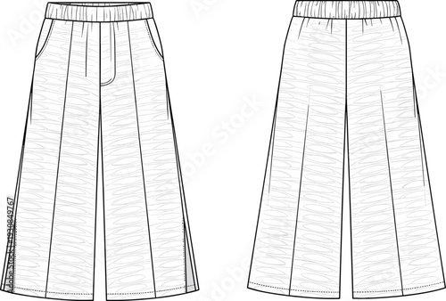 Women's wide leg trousers with high waistband and pockets, a flat vector fashion illustration