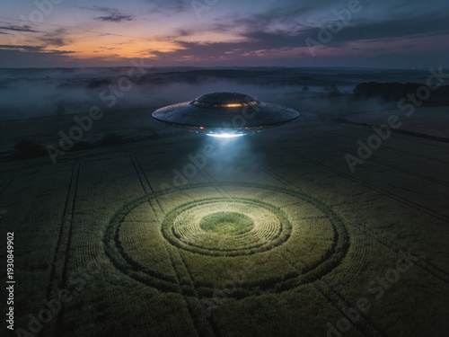 Nighttime Alien Pattern Discovery. Unusual Illuminated Formation Observed In Rural Farmland During Dusk