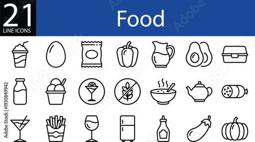 Food line icon set in minimalist style, drinks, vegetables, dairy, meats, and kitchenware