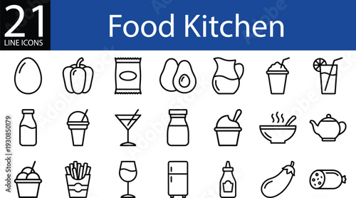 Food and kitchen line icon set in outline style, egg, bell pepper, milk, ice cream, and fridge