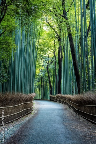 A serene pathway winds through a lush bamboo forest, surrounded by vibrant greenery and dappled sunlight. Perfect for nature lovers.