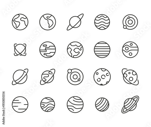 Collection of simple line icons representing planets and celestial bodies, suitable for astronomy and space exploration