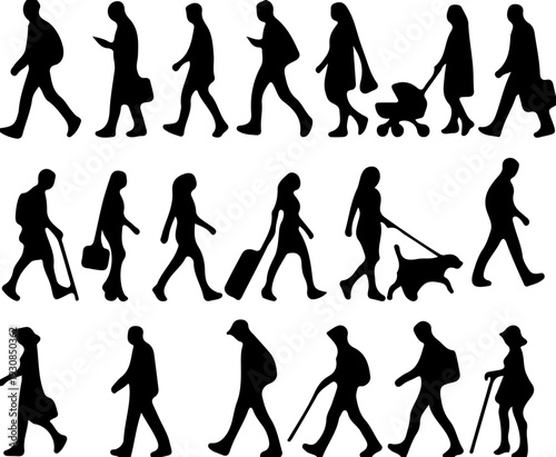 Collection of silhouettes depicting people walking with pets and luggage.