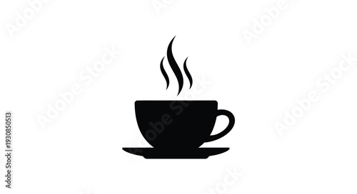 A simple black silhouette of a coffee cup and saucer