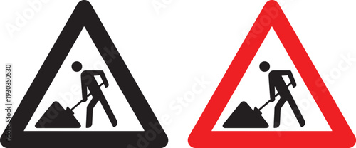 Construction warning sign with man digging pile of sand and red border, work zone alert symbol