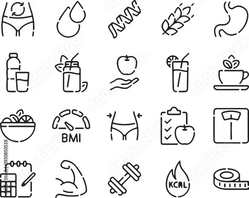 Health and Fitness Icons with Weight Loss and Nutrition Themes