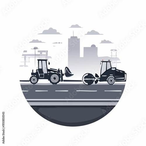 Road construction site with heavy machinery and cityscape background.