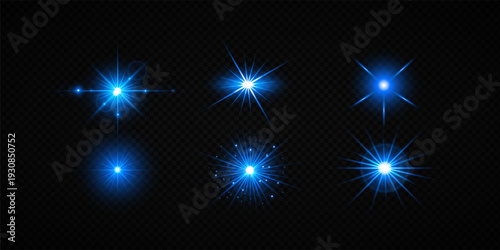 Colorful Star Light Effect Collection with Blue, Golden, and Yellow Glowing Starlight Sparkle Rays and Lens Flare Illumination on Transparent Background