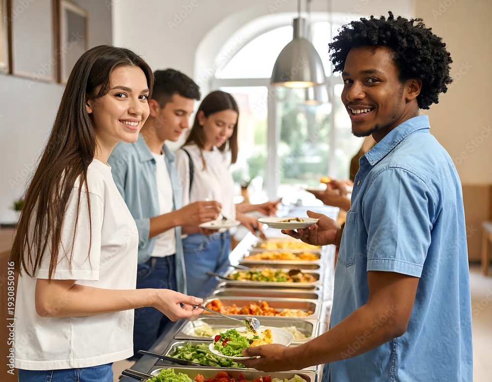 Naklejka premium Diverse group enjoying a buffet at a restaurant.