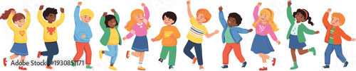 Diverse group of happy children jumping and dancing in colorful casual autumn winter clothes