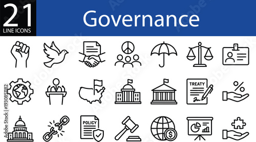 Governance line icon collection in outline style, policy enforcement, justice, diplomacy, global relations, and civic leadership