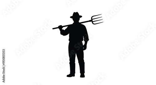 Farmer with pitchfork against a white background dark silhouette