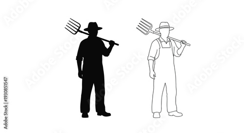 Farmer with pitchfork depicted in contrasting styles a dark silhouette