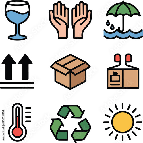 
Shipping and packaging icons set featuring fragile wine glass umbrella sun thermometer and recycling symbols.