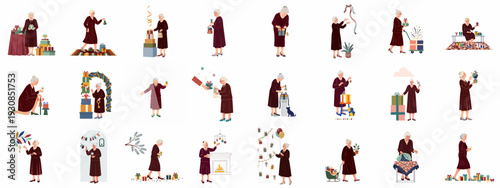 Happy senior women engaged in holiday preparations and gift-giving moments, isolated on white.