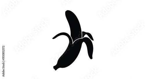 A partially peeled banana depicted in a stark black silhouette