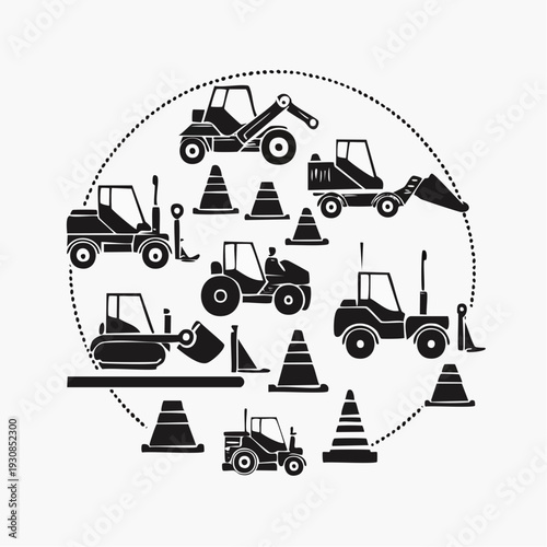 Construction equipment and traffic cones in a circular arrangement.