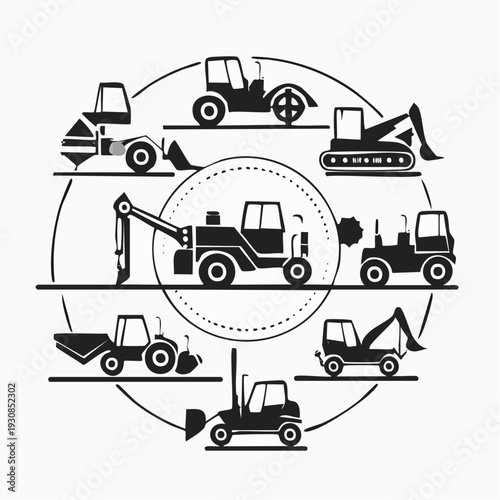 Various Heavy Construction Machinery Icons in Circular Arrangement.