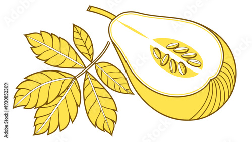 Vibrant yellow pear with leaves, perfect for food and nature themes