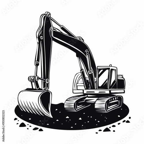 Black and white illustration of a heavy excavator on a dirt mound.