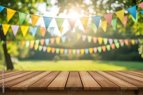 Party Bunting Over Wooden Table Outdoors