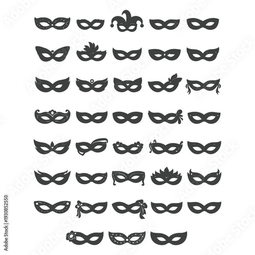Collection of various black masquerade masks arranged in a grid pattern on a white background, viewed from directly above, similar to 1 (3).eps