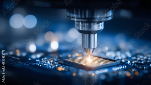 Precision machine tool working on a microchip surface, symbolizing semiconductor manufacturing, quality control, and advanced electronics production.
