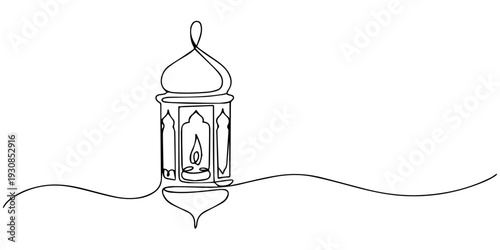 eid lantern continuous one line drawing, Lantern, half moon, heart and star. Ramadan Kareem theme minimal one continuous line drawing on white background.