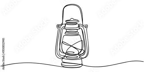 old lantern continuous one line drawing, Abstract vintage kerosene lamp or lantern , continuous one line art hand drawing sketch, Minimalist one line drawing of a vintage oil lantern showcasing
