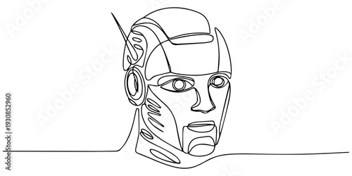 Robotic head continuous one line drawing, AI artificial intelligence and digital technology brain data robot conceptual. humanoid face line art. continuous line drawing sketch
