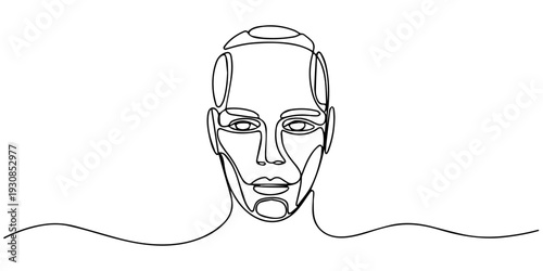 Robotic head continuous one line drawing, AI artificial intelligence and digital technology brain data robot conceptual. humanoid face line art. continuous line drawing sketch